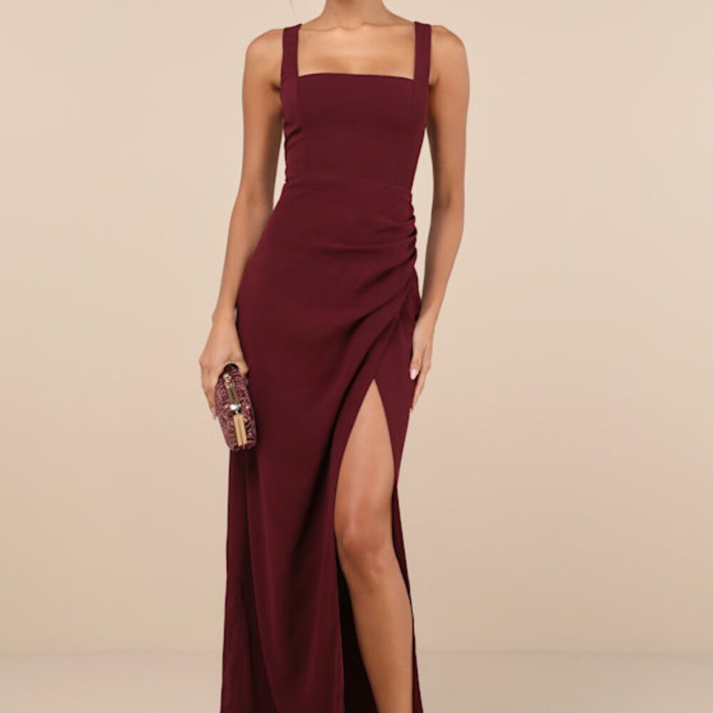 Lulus Glamorous Disposition Burgundy Ruched Maxi Dress Red - Size XS